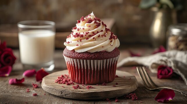 A beautifully presented red velvet cupcake topped with swirls of cream cheese frosting, sprinkled with red velvet crumbs, perfect for dessert lovers and celebrations.
