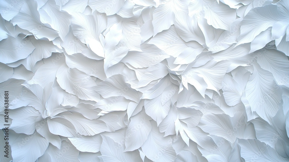Poster a close-up image of a white wall displays a group of white feathers in front, creating depth and per