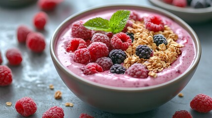 An appetizing bowl of yogurt topped with fresh berries and granola showcases healthy eating, vibrant colors, and the joy of nourishing meals filled with flavor and nutrients.