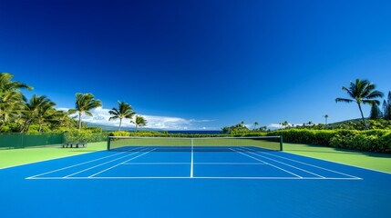 Obraz premium Bright blue tennis court surrounded by lush greenery and palm tree under a clear blue sky