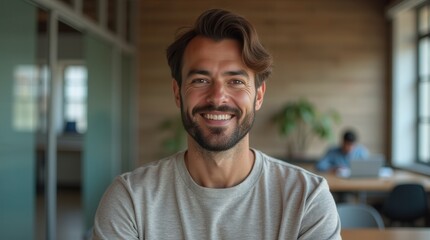 Obraz premium Friendly Man Smiles Confidently in a Modern Workspace During a Collaborative Meeting