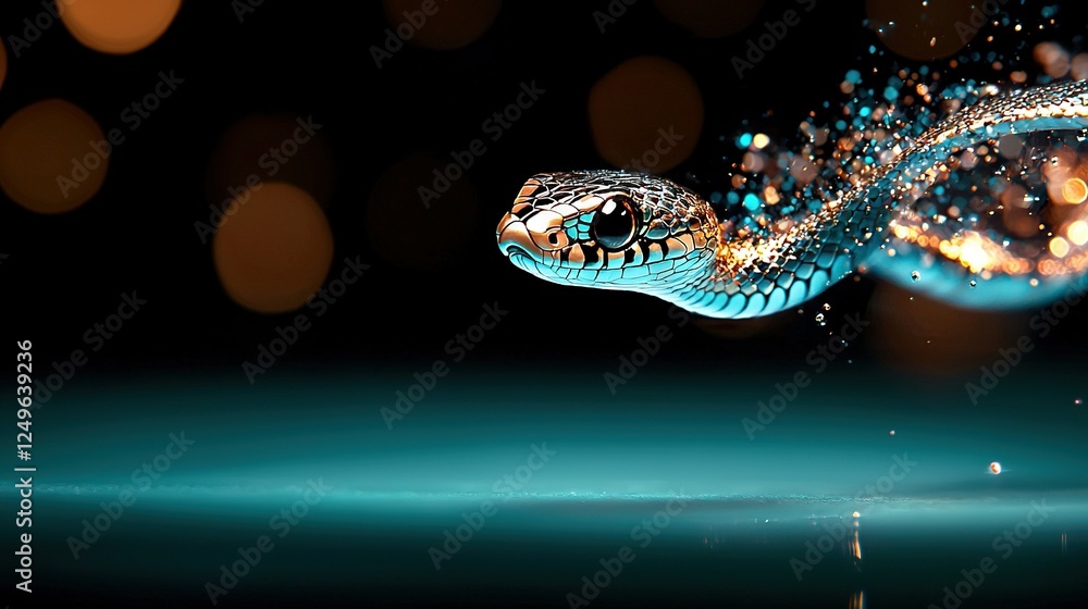 Poster a photo of a snake's head and body with a blurred background of light sources is displayed as a clos