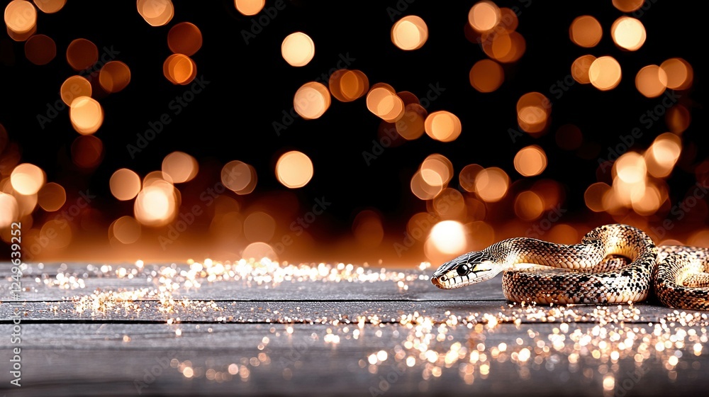 Aufkleber a close-up of a snake on a wooden surface with a bokeh of lights in the background