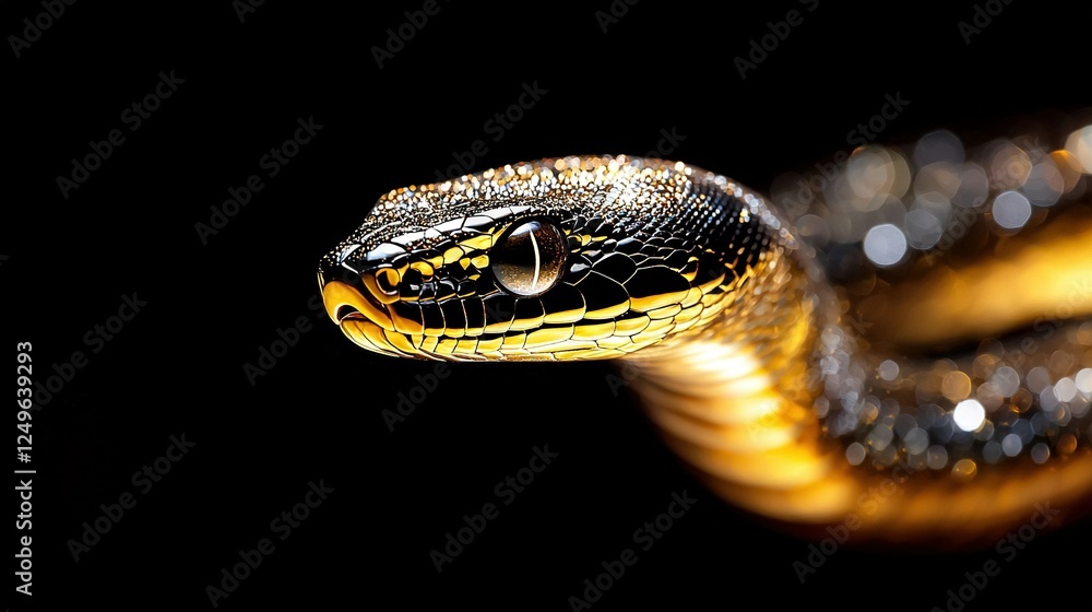 Poster close-up of a snake's head against a dark background with subtle illumination