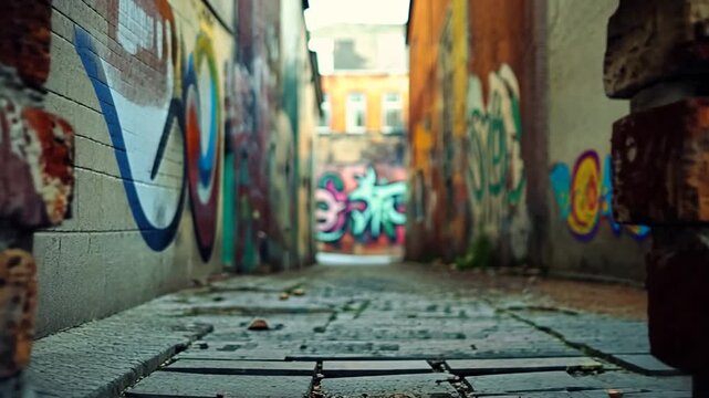 Urban Art Graffiti Alleyway with Colorful Designs and Brick Wall Textures