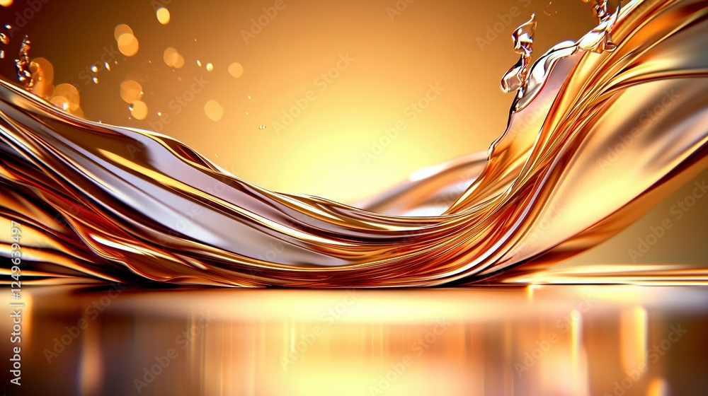 Poster a close-up of a wave of liquid on a reflective surface, illuminated by light reflections in both the