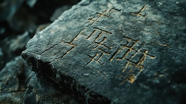 Ancient carvings are etched into a weathered gray stone surface