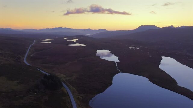 Lochan an Ais and moutain landscape, Coigach range and Stac Pollaidh from Knockan Crag Nature Reserve, Sutherland, Highlands, Scotland, United KIngdom
