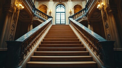 Obraz premium A magnificent wooden staircase in a grand, opulent setting, featuring intricate details and elegant lighting, showcasing the beauty of architectural craftsmanship and history.