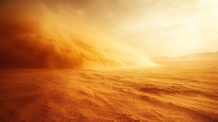 Obraz premium A vast desert landscape engulfed by a powerful sandstorm, swirling sand particles in the air, reducing visibility.
