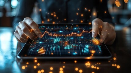 Closeup of hands using a tablet to analyze data and charts.