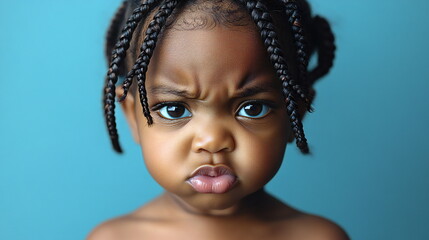 Child with expressive face showing frustration against a blue background during a candid moment