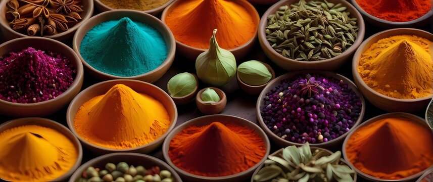 Captivating closeup of a kaleidoscope of colorful spices each hue inviting discovery adventure and the crafting of a culinary journey
