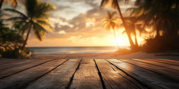 Empty wooden surface with blurred beach with coconut trees in the background, sanset