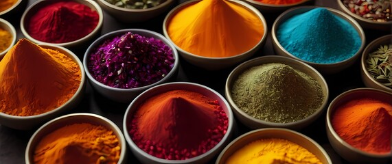 Captivating closeup of a kaleidoscope of colorful spices each hue inviting discovery adventure and the crafting of a culinary journey