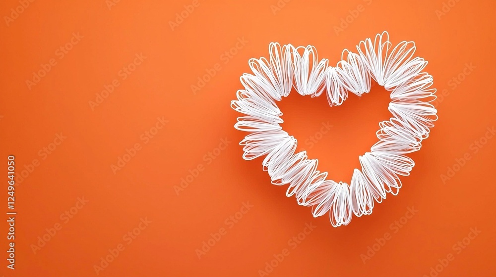 Poster orange background with white string heart shape and space for 'love'