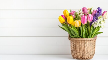 Obraz premium A delightful arrangement of colorful spring tulips in a basket - Bright and beautiful spring tulips in a wicker basket, symbolizing renewal, joy, nature, color, and freshness.