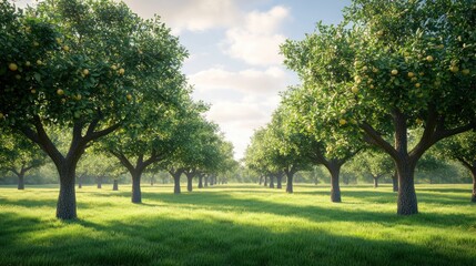 Obraz premium Sunny orchard rows, green grass, blue sky, nature, idyllic