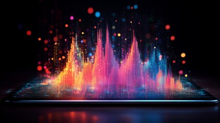 Obraz premium This image captures a vibrant depiction of sound waves visualized on a digital screen, embodying the essence of music and technology in a colorful display.