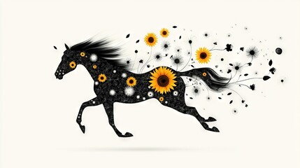 Fototapeta premium A photo of a horse with sunflowers on its back and a flowing black mane
