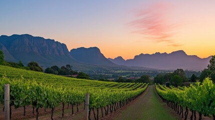 Naklejka premium Vineyard Sunset Mountain Landscape Scenic View
