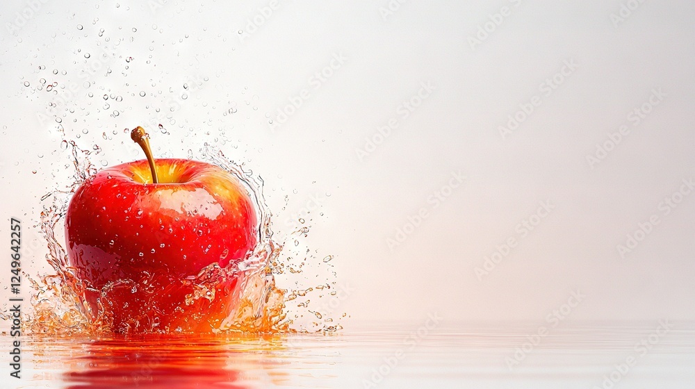 Poster   An apple splashes into water, creating a splash above and below it