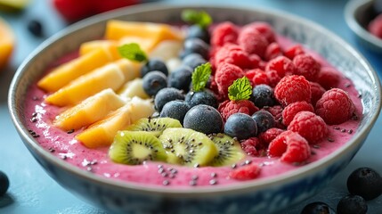 A colorful and nutritious smoothie bowl garnished with an array of fresh fruits, featuring vibrant hues that entice your taste buds and enhance your health.