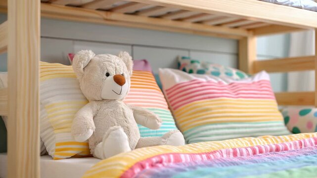 Cozy children s wooden bunk bed with colorful bedding and cuddly teddy bears for playful bedrooms