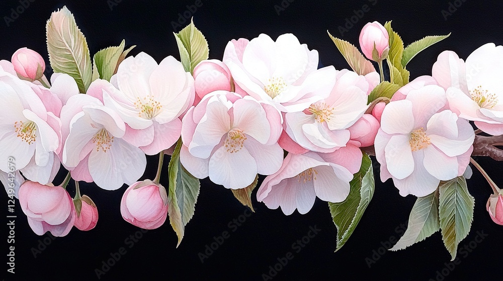Poster a macro shot of a bouquet of blooms with foliage on a dark canvas backdrop against a solid black bac