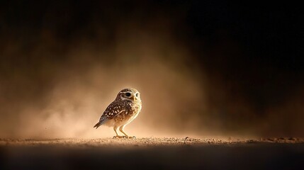 A small owl perched on a dusty ground amidst a dark and dust-filled environment