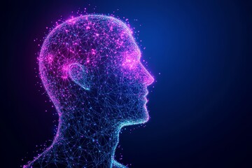 Obraz premium Abstract Representation of the Human Mind with Colorful Lights - This image showcases a digital representation of a human head, composed of vibrant dots and lines forming a neural network.