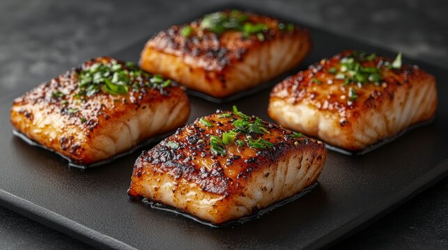 Deliciously grilled salmon filets sit beautifully on a sleek black plate, garnished with fresh herbs, perfect for food lovers and gourmet enthusiasts appreciative of fine dining.