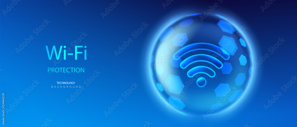 Poster wi-fi icon inside transparent protection sphere shield. hexagon pattern on blue background. global s