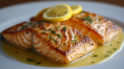 A gourmet presentation of perfectly grilled salmon fillets topped with lemon slices and herbs, showcasing the elegance of culinary artistry and the delicious appeal of seafood.