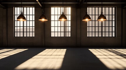 Modern industrial interior with large windows and pendant light casting shadows on the floor