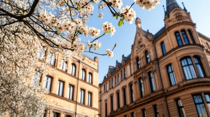 Spring's arrival showcases pink blossoms against the stunning architecture of the building, highlighting the beauty of the season