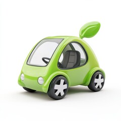 Eco car 3D render icon symbolizing eco-friendly transportation a white background.