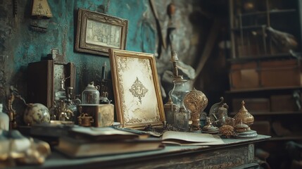 Still life of vintage objects with ornate frames displayed