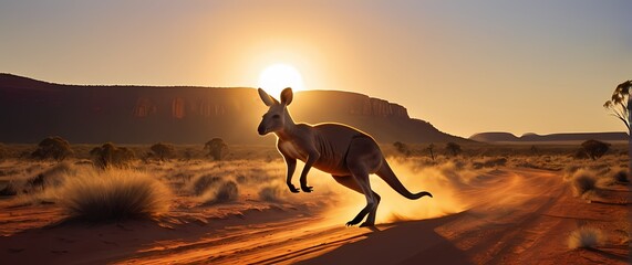 An uplifting oil painting of a joyful kangaroo bounding through the sunlit Australian outback celebrating its vibrant and lively atmosphere