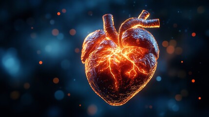 An artistic representation of a glowing heart, symbolizing love and passion, crafted with vibrant colors and intricate details radiating light in a modern style.