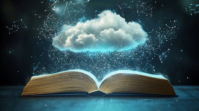 Educational knowledge pouring from digital clouds in the form books videos and quizzes