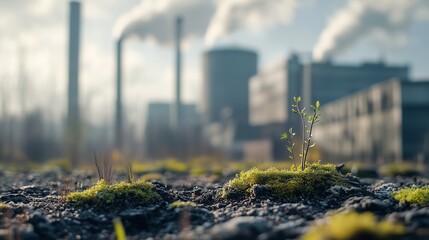 The sun is setting over a factory with smoke coming out of it. Health and environmental factors are factors that are important to corporate health. Concept of business strategy criteria. Lifestyle.