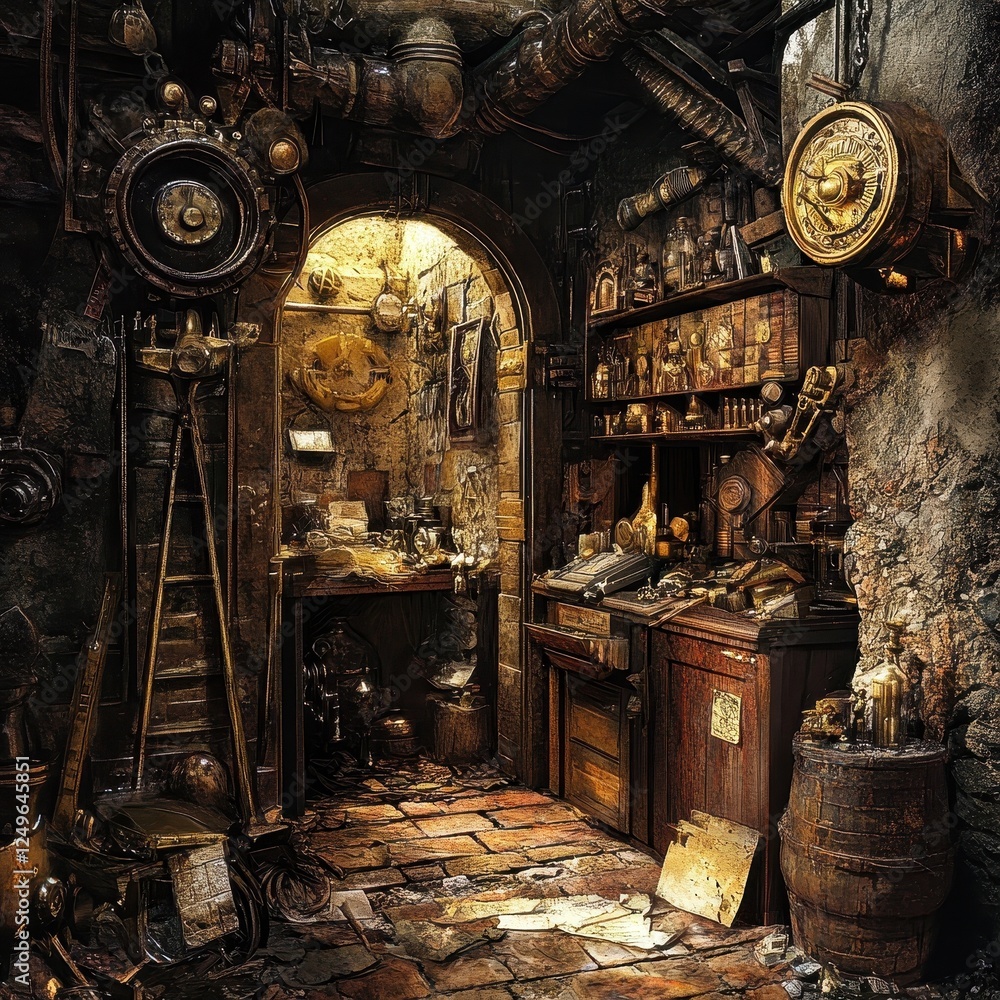 Poster steampunk laboratory filled with intricate devices and mysterious artifacts
