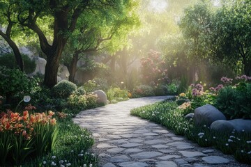 Serene garden pathway lined with vibrant flowers and lush greenery in soft morning light