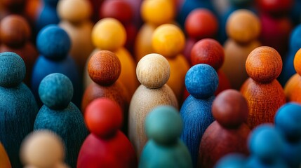 An array of colorful wooden figurines stands together, creating a vibrantly diverse crowd, symbolizing unity, diversity, and the beauty of collective existence in colors.