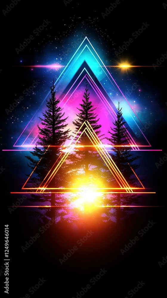 Poster a triangle with trees encircled by a bright light emanating from its center