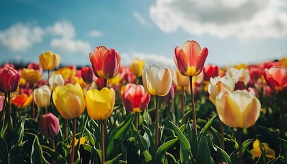 Vibrant spring flowers blooming on a sunny day in an open field