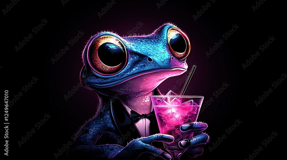 Poster a frog in a tuxedo with a drink and tuxedo hat