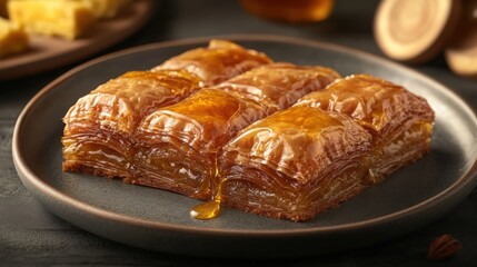 Delicious baklava dessert middle eastern cuisine gourmet food photography indoor setting close-up view sweet indulgence