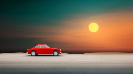 Fototapeta premium Classic Car on Desert Highway at Sunset - A vibrant red car parked on a desert highway under a stunning sunset, symbolizing adventure, freedom, nostalgia, exploration, and serenity.